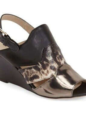 AGL Black Leather Wedge Sandals with Leopard Print Panel